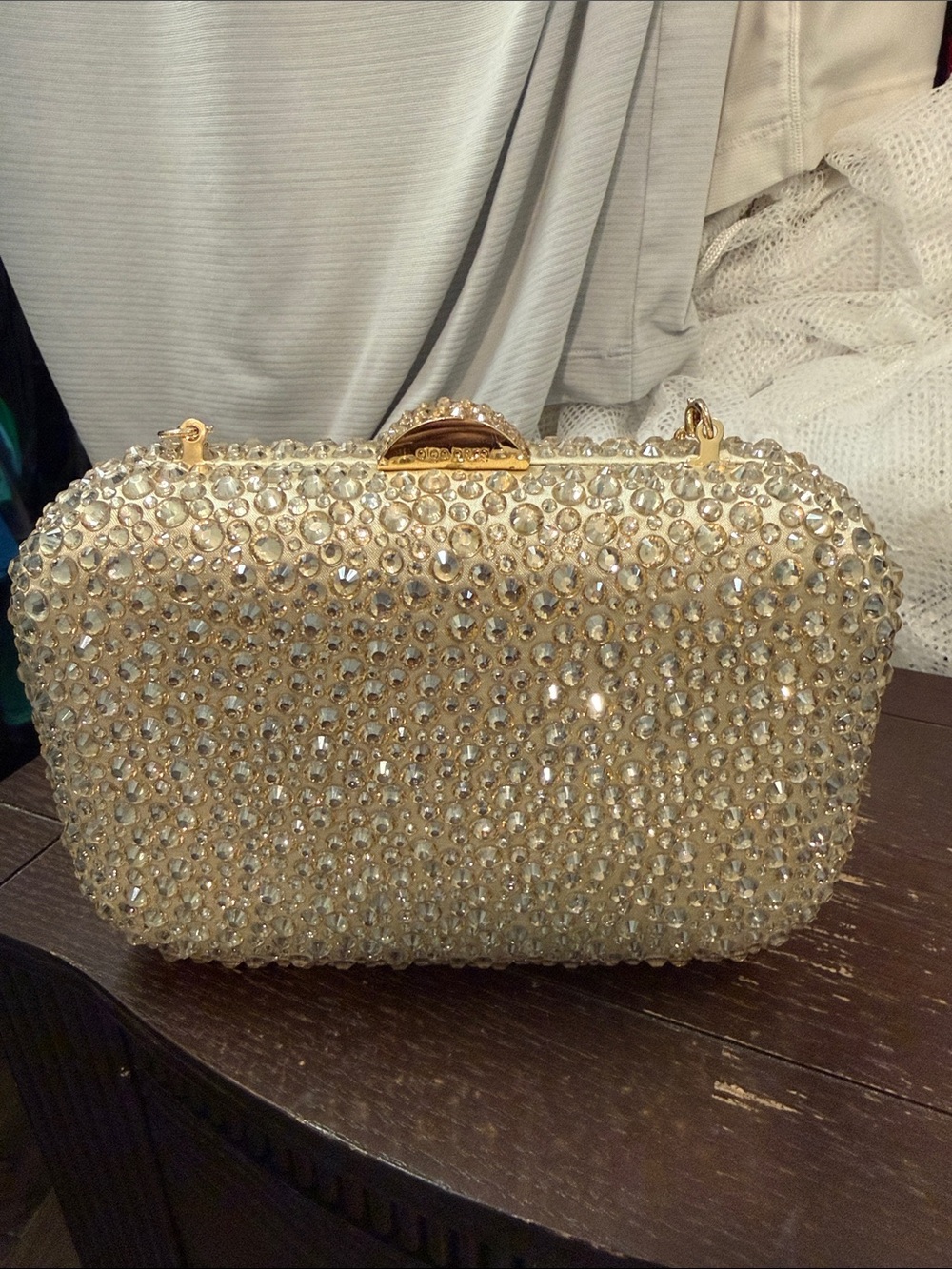 Olga Berg Gold Crystal-Embellished Evening Clutch